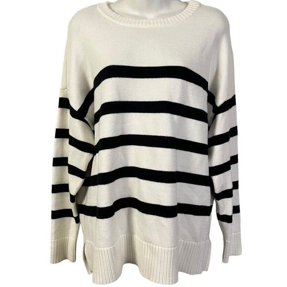 French Connection Essentials Womens Black Ivory Striped Long Sleeve Sweater sz L - Picture 1 of 16